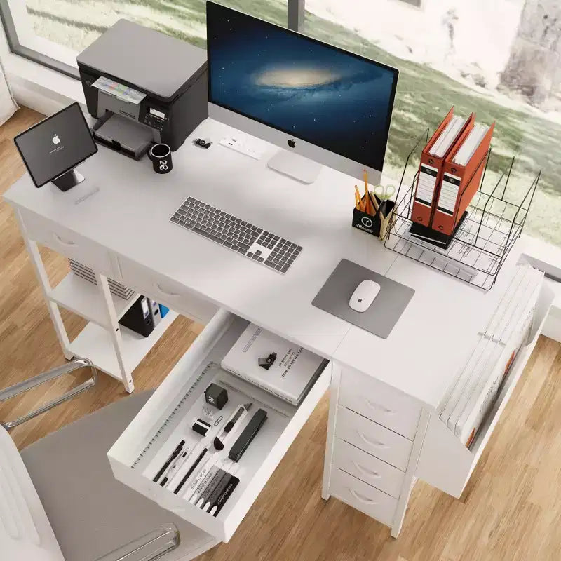Bureau d'ordinateur moderne pour bureau à domicile avec tiroirs et étagères, bureau d'écriture avec sac latéral pour étude et bureau