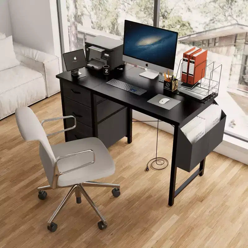 Bureau d'ordinateur moderne pour bureau à domicile avec tiroirs et étagères, bureau d'écriture avec sac latéral pour étude et bureau