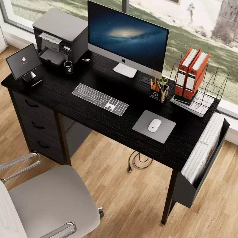 Bureau d'ordinateur moderne pour bureau à domicile avec tiroirs et étagères, bureau d'écriture avec sac latéral pour étude et bureau