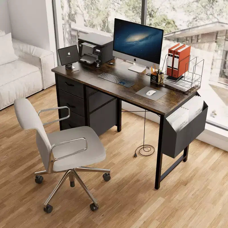 Bureau d'ordinateur moderne pour bureau à domicile avec tiroirs et étagères, bureau d'écriture avec sac latéral pour étude et bureau