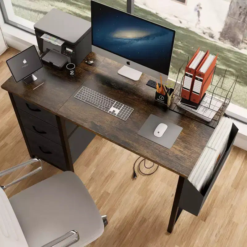Bureau d'ordinateur moderne pour bureau à domicile avec tiroirs et étagères, bureau d'écriture avec sac latéral pour étude et bureau