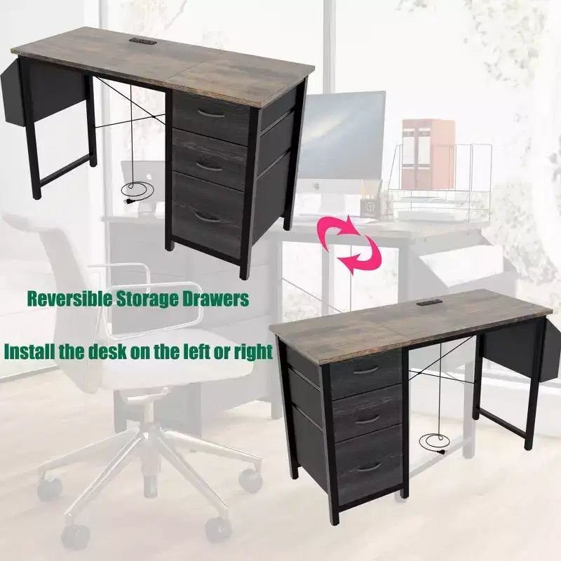 Bureau d'ordinateur moderne pour bureau à domicile avec tiroirs et étagères, bureau d'écriture avec sac latéral pour étude et bureau