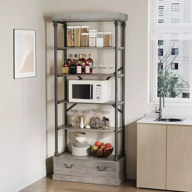 6 Tier Bookshelf with Storage Drawer, 81 Tall Metal Frame Book Shelf, Open Storage Bookshelf for Living Room Office Bedroom Home Library