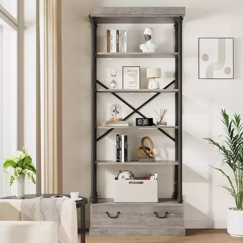 6 Tier Bookshelf with Storage Drawer, 81 Tall Metal Frame Book Shelf, Open Storage Bookshelf for Living Room Office Bedroom Home Library