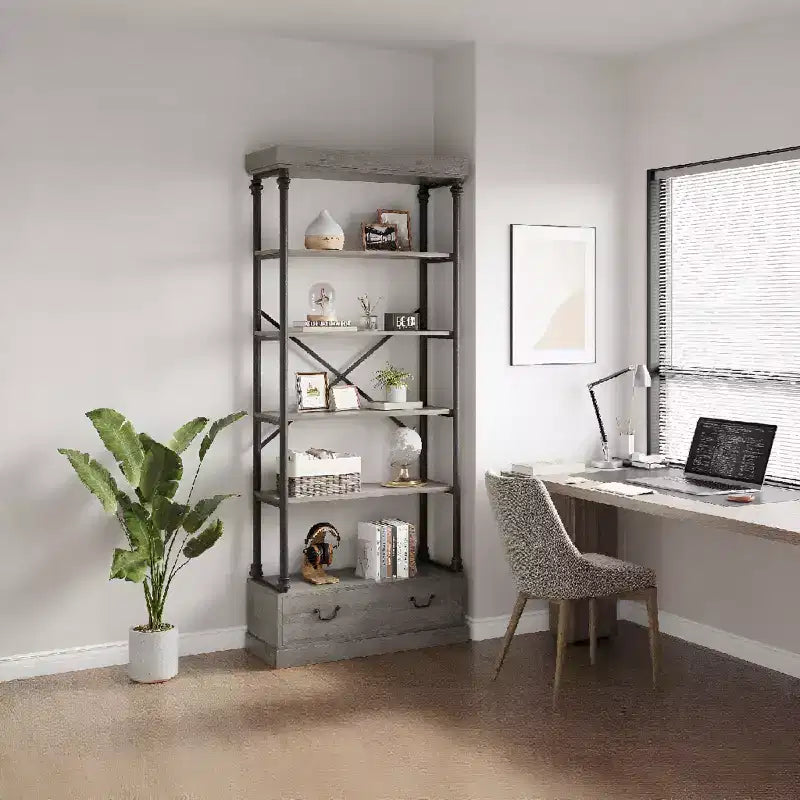 6 Tier Bookshelf with Storage Drawer, 81 Tall Metal Frame Book Shelf, Open Storage Bookshelf for Living Room Office Bedroom Home Library