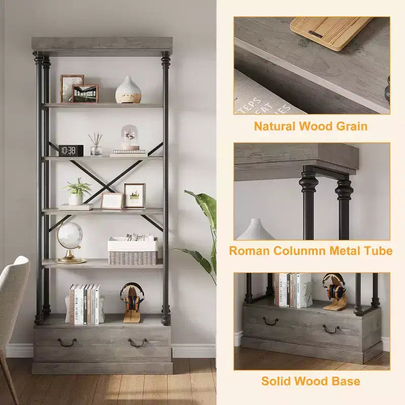 6 Tier Bookshelf with Storage Drawer, 81 Tall Metal Frame Book Shelf, Open Storage Bookshelf for Living Room Office Bedroom Home Library