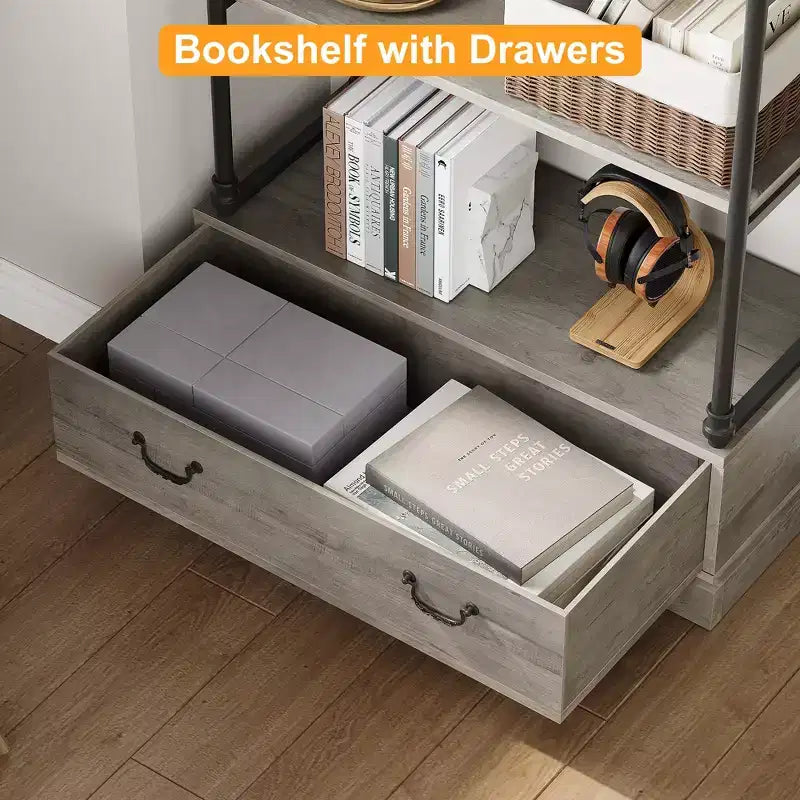 6 Tier Bookshelf with Storage Drawer, 81 Tall Metal Frame Book Shelf, Open Storage Bookshelf for Living Room Office Bedroom Home Library