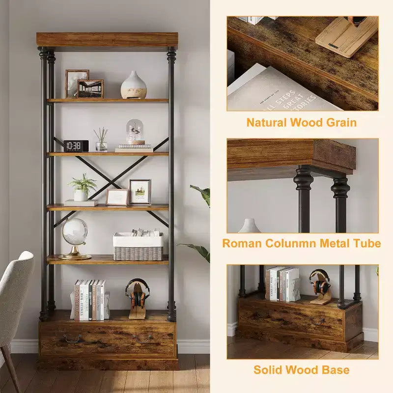 6 Tier Bookshelf with Storage Drawer, 81 Tall Metal Frame Book Shelf, Open Storage Bookshelf for Living Room Office Bedroom Home Library