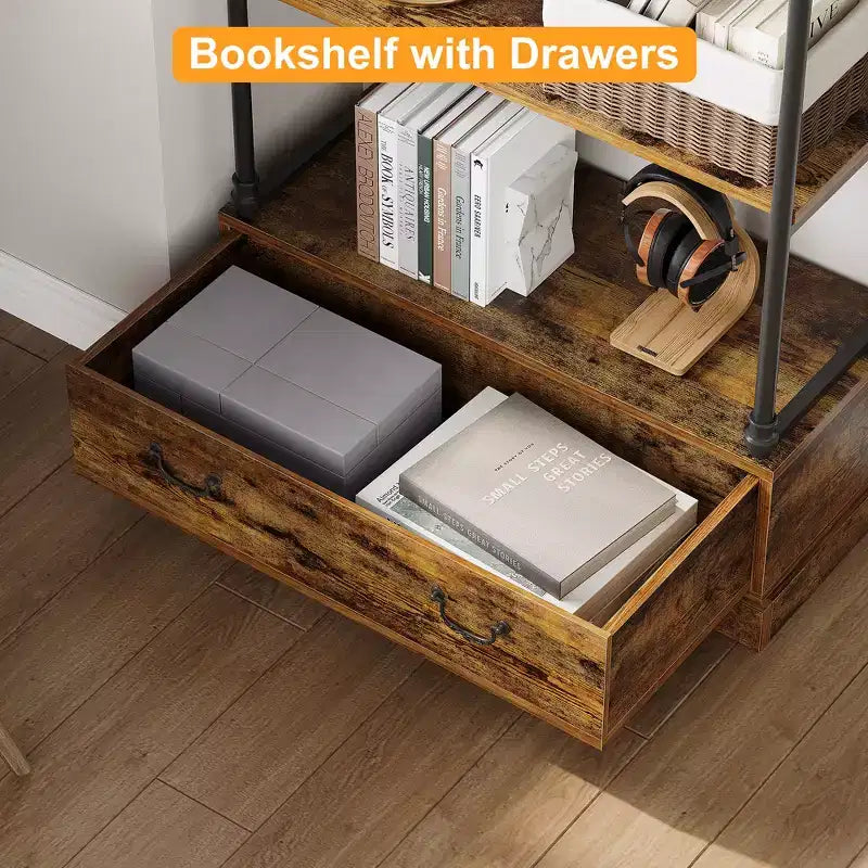 6 Tier Bookshelf with Storage Drawer, 81 Tall Metal Frame Book Shelf, Open Storage Bookshelf for Living Room Office Bedroom Home Library