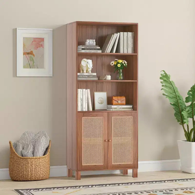 5-Shelf Tall Bookcase with Rattan Doors, Black, for Home Office & Bedroom