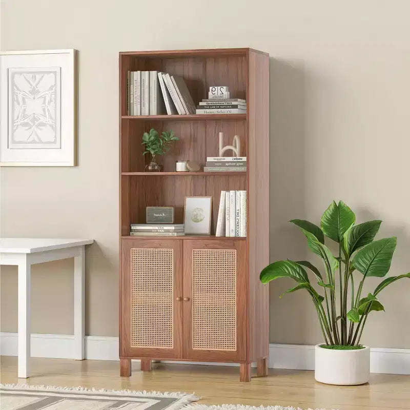 5-Shelf Tall Bookcase with Rattan Doors, Black, for Home Office & Bedroom