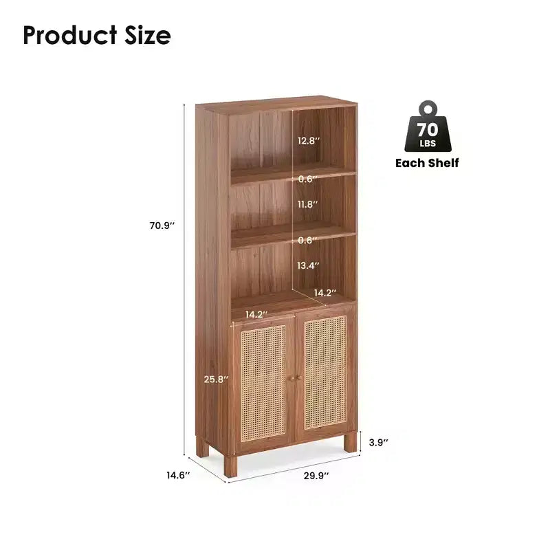 5-Shelf Tall Bookcase with Rattan Doors, Black, for Home Office & Bedroom