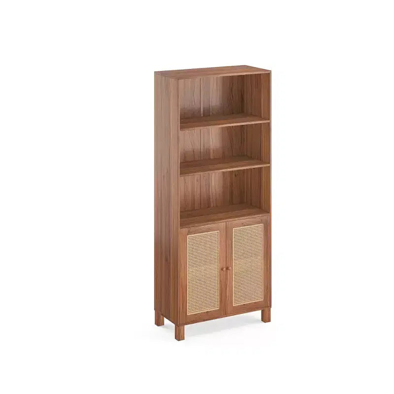 5-Shelf Tall Bookcase with Rattan Doors, Black, for Home Office & Bedroom