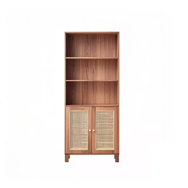 5-Shelf Tall Bookcase with Rattan Doors, Black, for Home Office & Bedroom