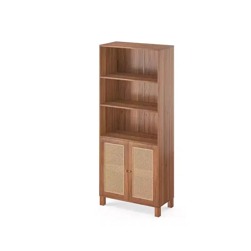 5-Shelf Tall Bookcase with Rattan Doors, Black, for Home Office & Bedroom