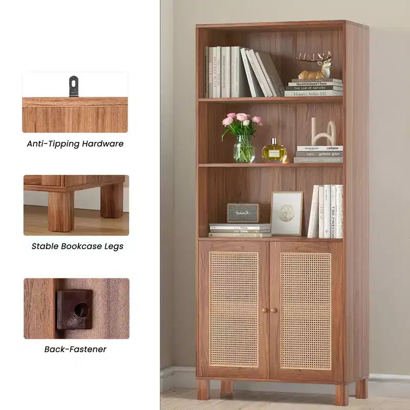 5-Shelf Tall Bookcase with Rattan Doors, Black, for Home Office & Bedroom