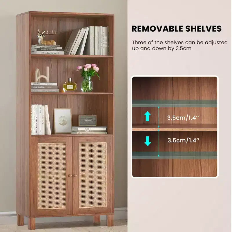 5-Shelf Tall Bookcase with Rattan Doors, Black, for Home Office & Bedroom