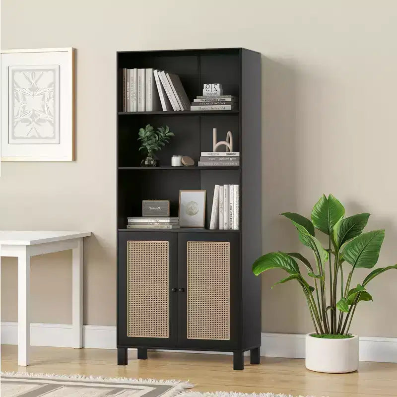 5-Shelf Tall Bookcase with Rattan Doors, Black, for Home Office & Bedroom