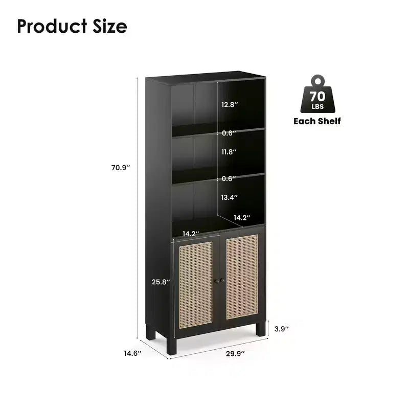 5-Shelf Tall Bookcase with Rattan Doors, Black, for Home Office & Bedroom