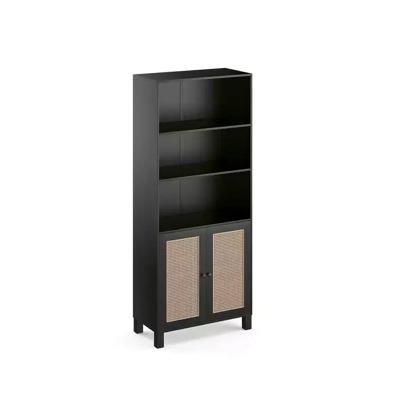 5-Shelf Tall Bookcase with Rattan Doors, Black, for Home Office & Bedroom