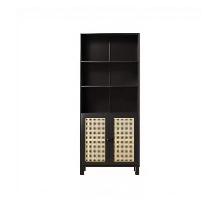5-Shelf Tall Bookcase with Rattan Doors, Black, for Home Office & Bedroom