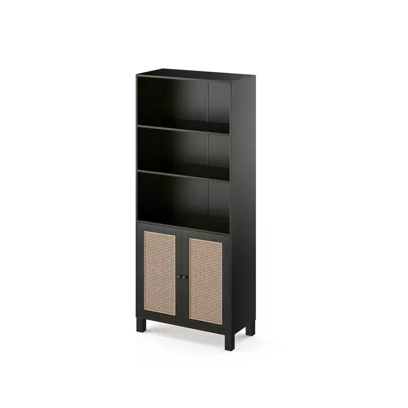 5-Shelf Tall Bookcase with Rattan Doors, Black, for Home Office & Bedroom