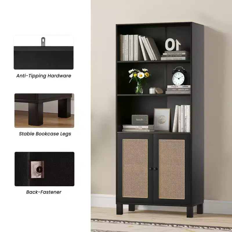 5-Shelf Tall Bookcase with Rattan Doors, Black, for Home Office & Bedroom