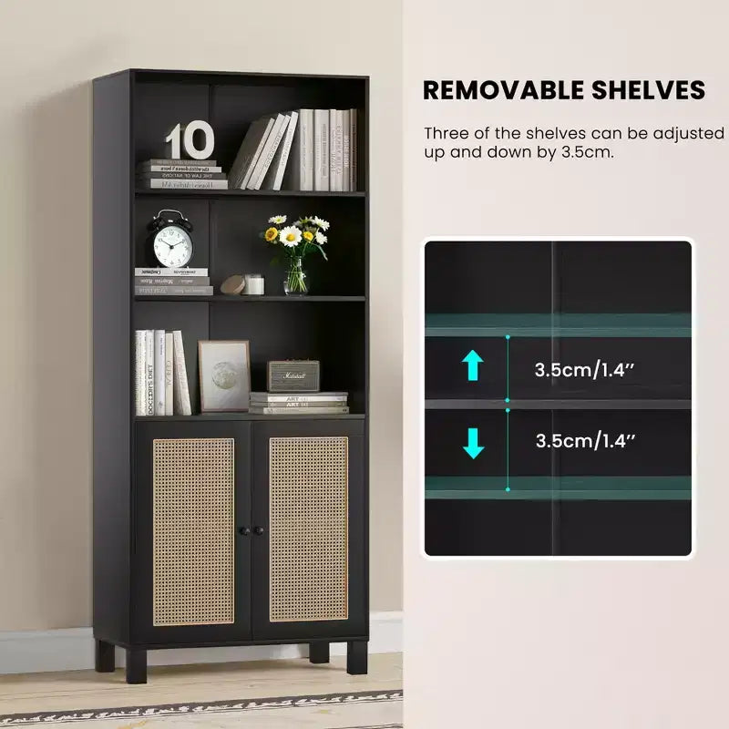 5-Shelf Tall Bookcase with Rattan Doors, Black, for Home Office & Bedroom