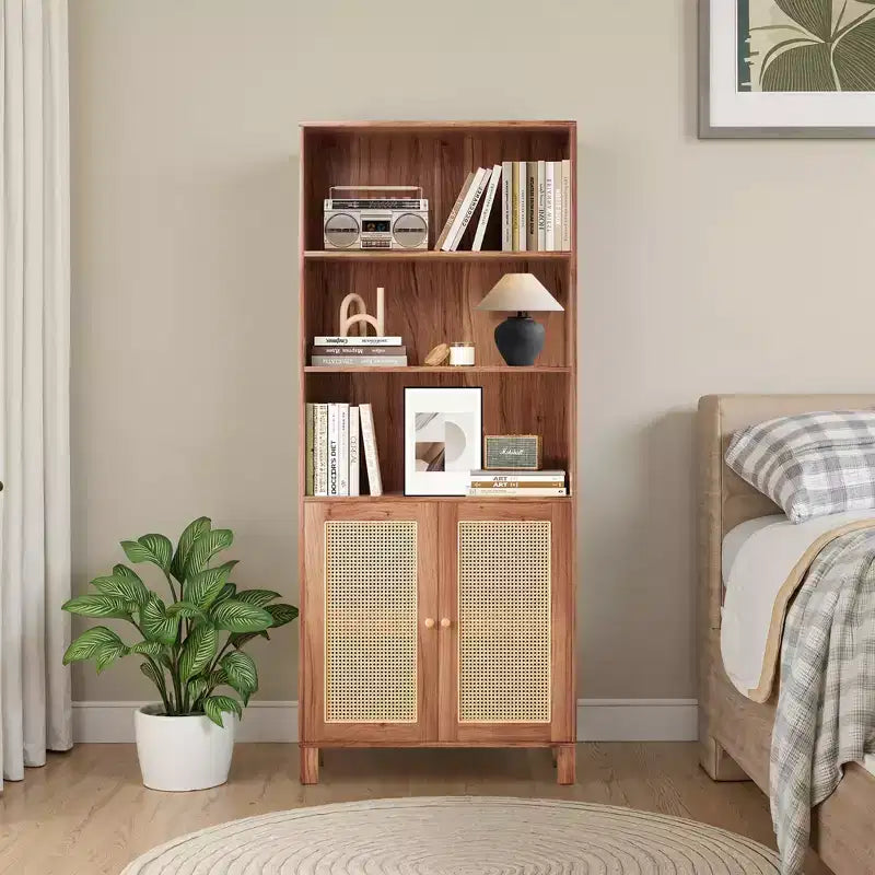 5-Shelf Tall Bookcase with Rattan Doors, Black, for Home Office & Bedroom