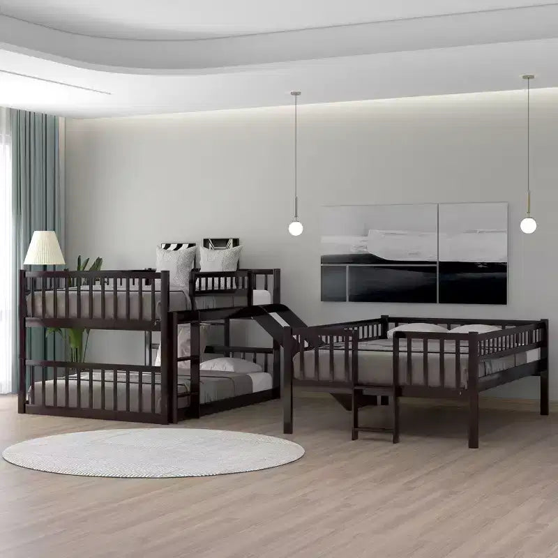 Lit superposé triple pour adultes, 3 places, avec échelles et toboggan, espresso