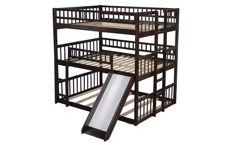 Lit superposé triple pour adultes, 3 places, avec échelles et toboggan, espresso