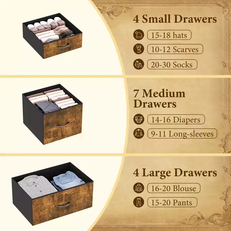 48 H Tall Fabric Dresser with 15 Drawers and Steel Frame & Wood Top, Sturdy Dressers for Bedroom, Closet, Hallway, Living Room
