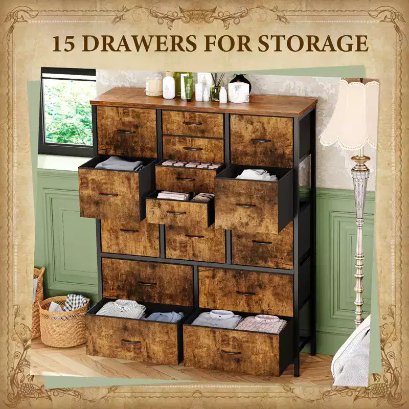 48 H Tall Fabric Dresser with 15 Drawers and Steel Frame & Wood Top, Sturdy Dressers for Bedroom, Closet, Hallway, Living Room