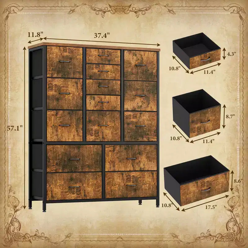 48 H Tall Fabric Dresser with 15 Drawers and Steel Frame & Wood Top, Sturdy Dressers for Bedroom, Closet, Hallway, Living Room