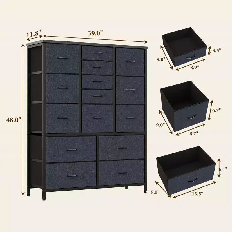 48 H Tall Fabric Dresser with 15 Drawers and Steel Frame & Wood Top, Sturdy Dressers for Bedroom, Closet, Hallway, Living Room