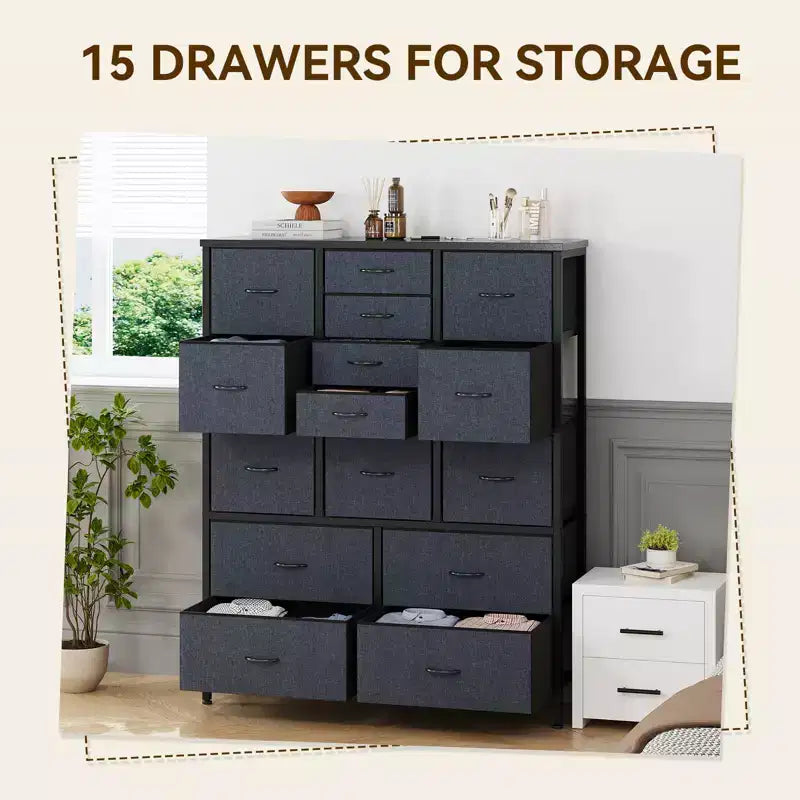 48 H Tall Fabric Dresser with 15 Drawers and Steel Frame & Wood Top, Sturdy Dressers for Bedroom, Closet, Hallway, Living Room