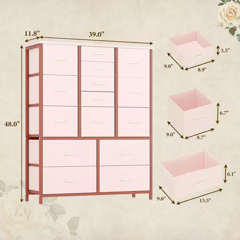 48 H Tall Fabric Dresser with 15 Drawers and Steel Frame & Wood Top, Sturdy Dressers for Bedroom, Closet, Hallway, Living Room