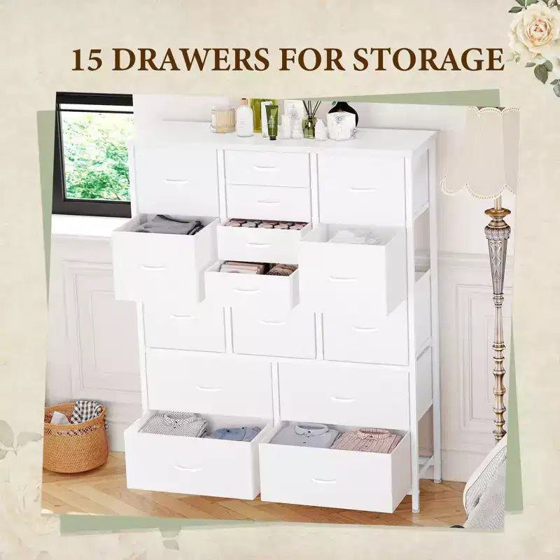 48 H Tall Fabric Dresser with 15 Drawers and Steel Frame & Wood Top, Sturdy Dressers for Bedroom, Closet, Hallway, Living Room
