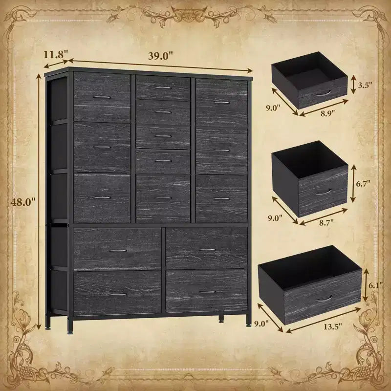 48 H Tall Fabric Dresser with 15 Drawers and Steel Frame & Wood Top, Sturdy Dressers for Bedroom, Closet, Hallway, Living Room