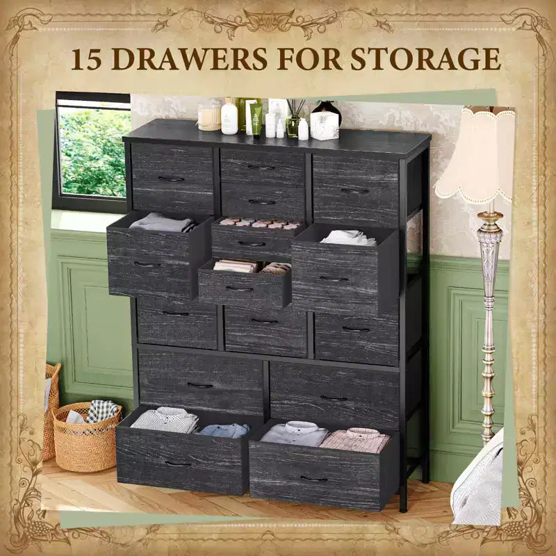 48 H Tall Fabric Dresser with 15 Drawers and Steel Frame & Wood Top, Sturdy Dressers for Bedroom, Closet, Hallway, Living Room