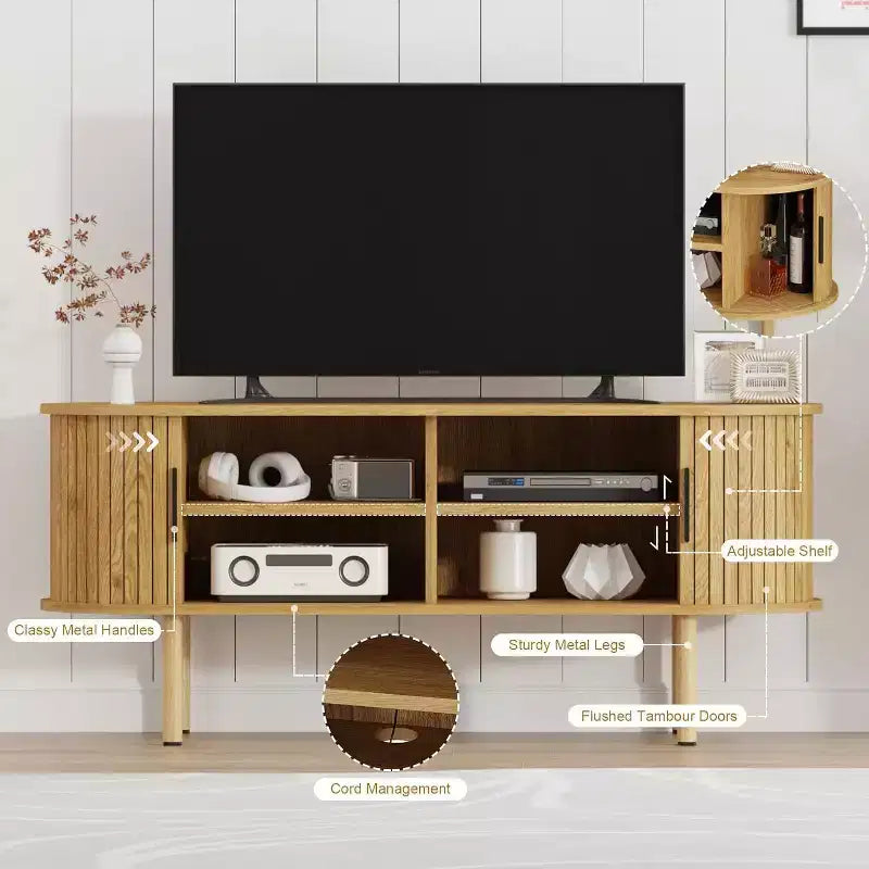 Meuble TV moderne avec portes coulissantes, console multimédia en bois avec étagères réglables pour salon