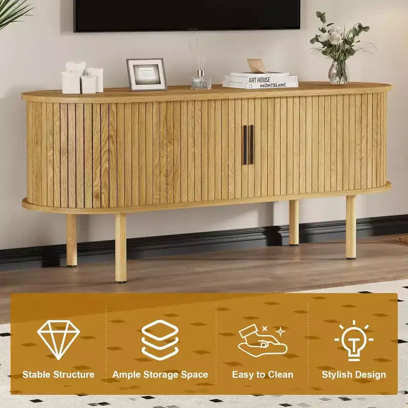 Meuble TV moderne avec portes coulissantes, console multimédia en bois avec étagères réglables pour salon