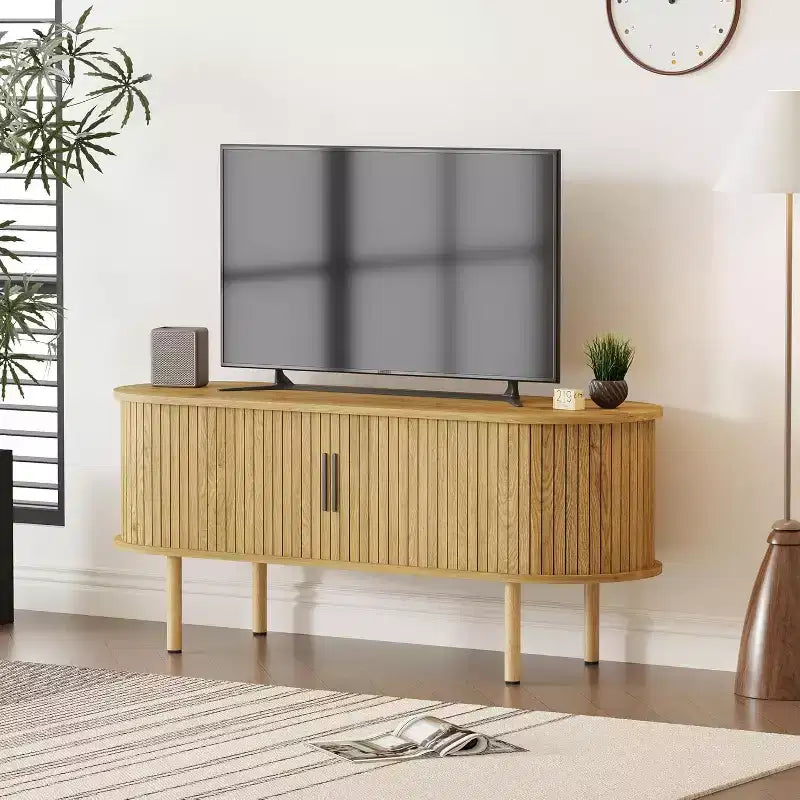 Meuble TV moderne avec portes coulissantes, console multimédia en bois avec étagères réglables pour salon