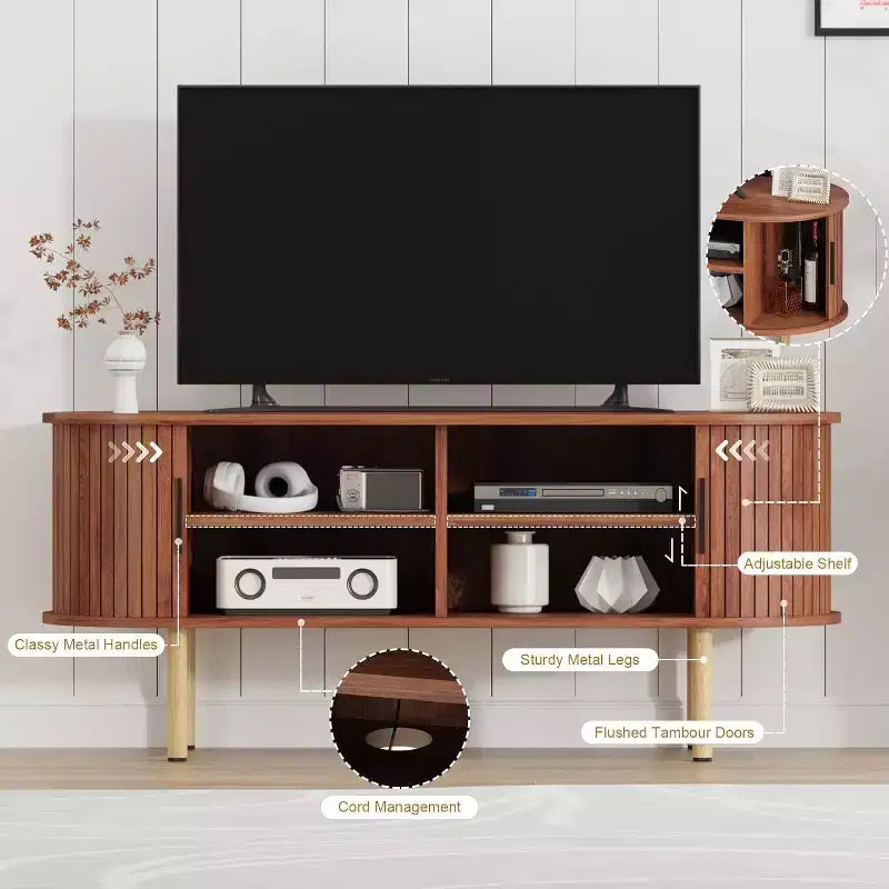 Meuble TV moderne avec portes coulissantes, console multimédia en bois avec étagères réglables pour salon