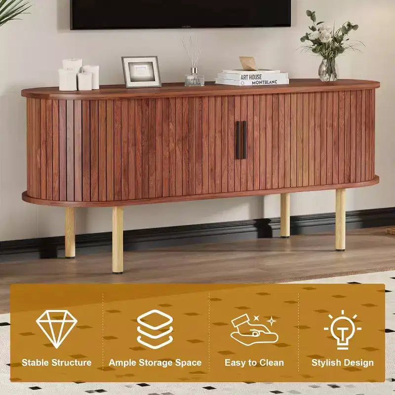 Meuble TV moderne avec portes coulissantes, console multimédia en bois avec étagères réglables pour salon