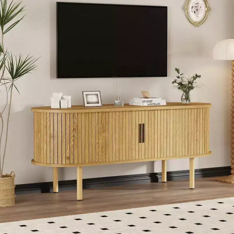 Modern TV Stand with Sliding Doors, Wood Media Console with Adjustable Shelves for Living Room