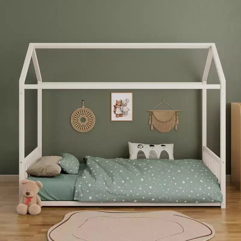 Twin Size Metal Floor Bed Frame with House Shape and Guardrails