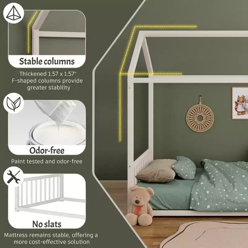 Twin Size Metal Floor Bed Frame with House Shape and Guardrails