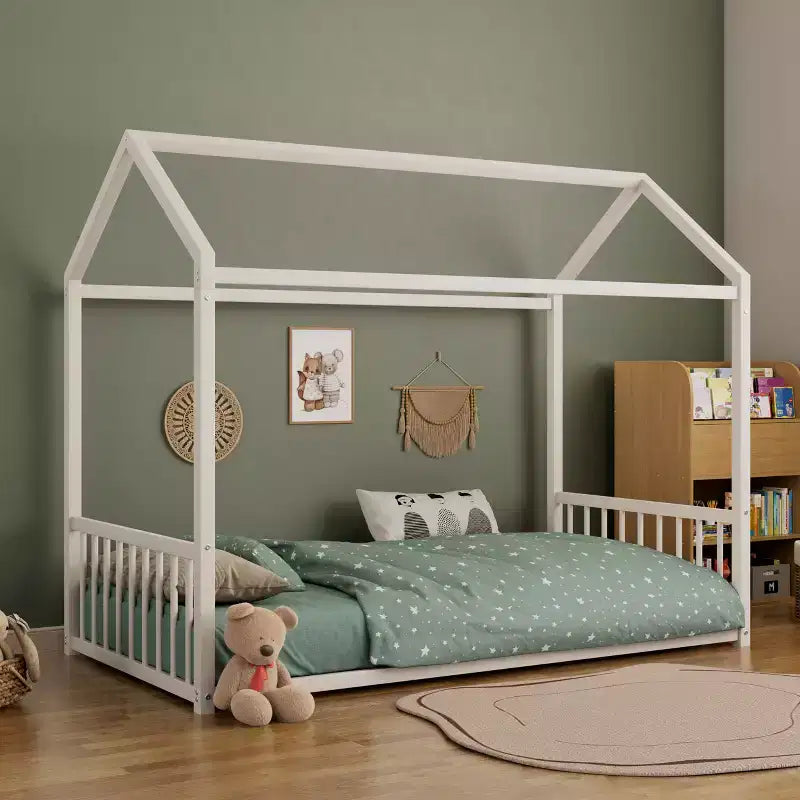 Twin Size Metal Floor Bed Frame with House Shape and Guardrails