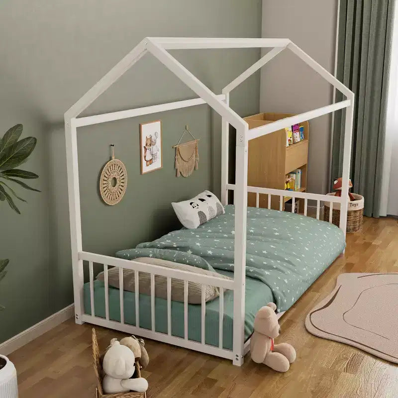 Twin Size Metal Floor Bed Frame with House Shape and Guardrails